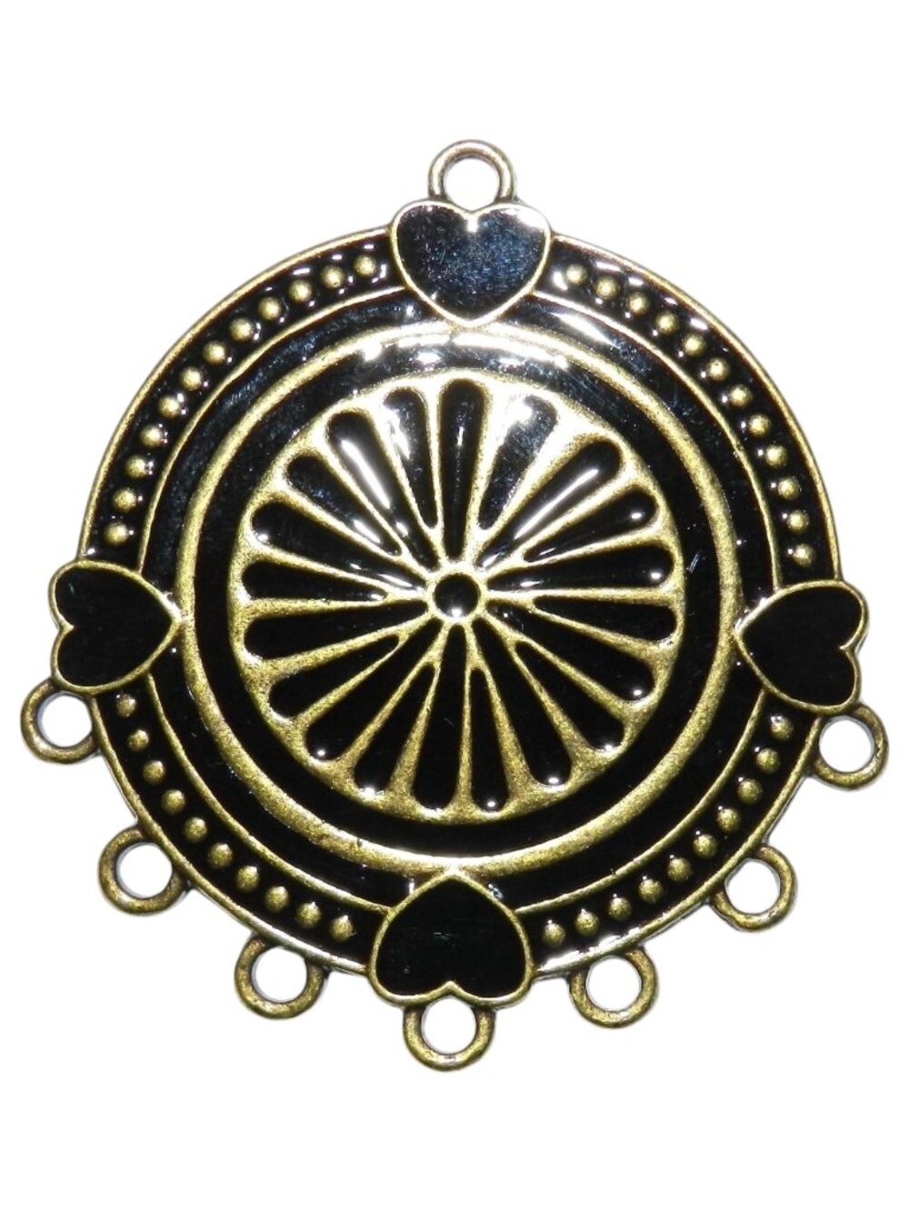 M128 Antiqued Brass & Black Enamel 48mm Round Metal Jewelry 7-Loop Connector 1pc